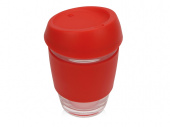 Стеклянный стакан с силиконовой крышкой и манжетой Monday (красный, прозрачный)