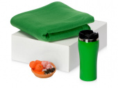 Подарочный набор с пледом, мылом и термокружкой (зеленый, оранжевый)