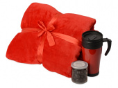 Подарочный набор Tasty hygge с пледом, термокружкой и миндалем в шоколадной глазури (черный, красный, красный)