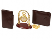 Набор Фрегат: портмоне, визитница, подставка для часов, часы на цепочке (коричневый, золотистый)