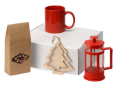 Подарочный набор с чаем, кружкой и френч-прессом Чаепитие (красный, красный, прозрачный)