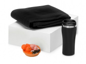 Подарочный набор с пледом, мылом и термокружкой (черный, оранжевый)