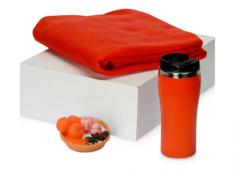 Подарочный набор с пледом, мылом и термокружкой (оранжевый, красный, красный)